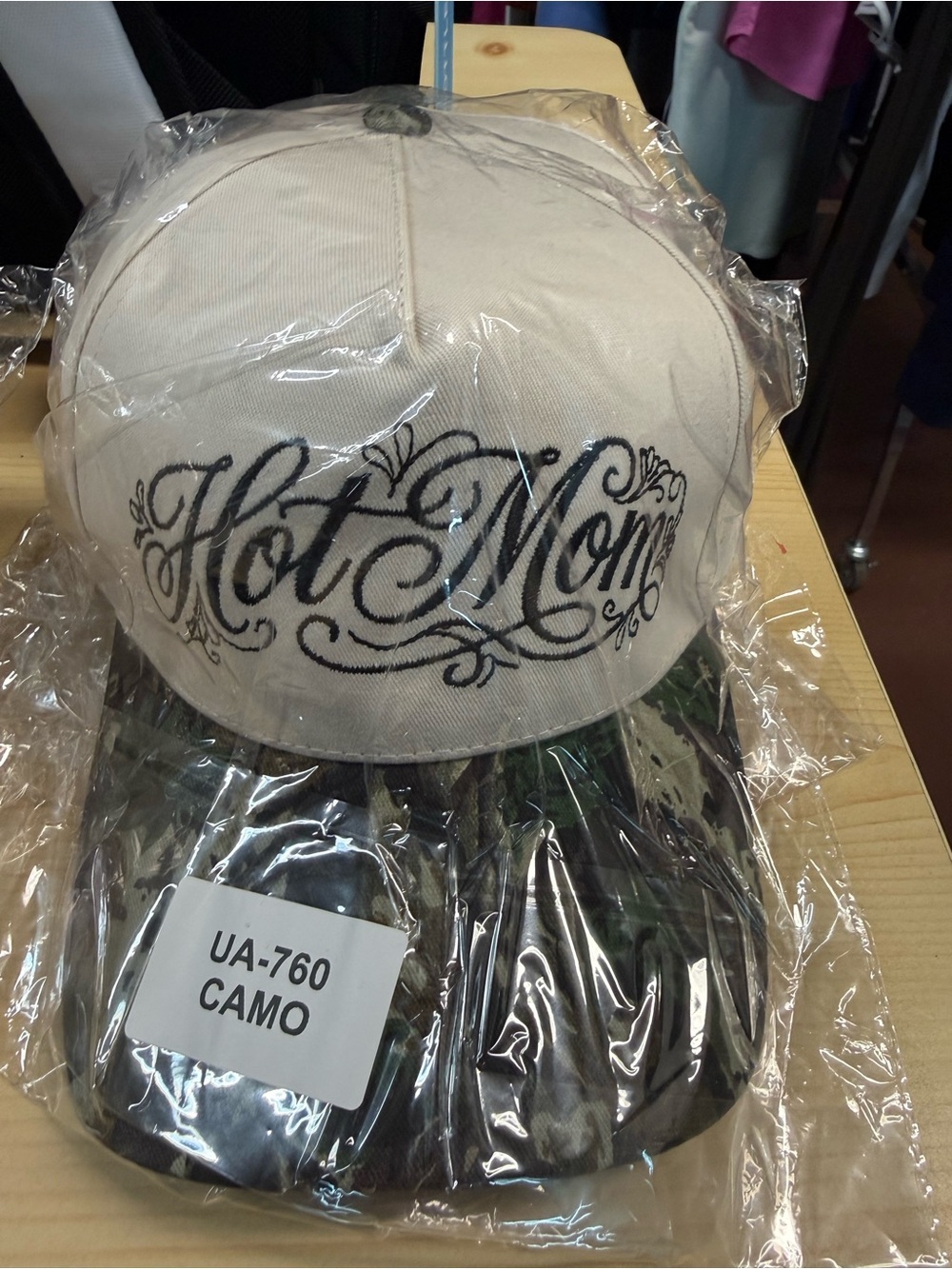 Zenana Outfitters Beige & Camo 'Hot Mom' Embroidered Baseball Cap